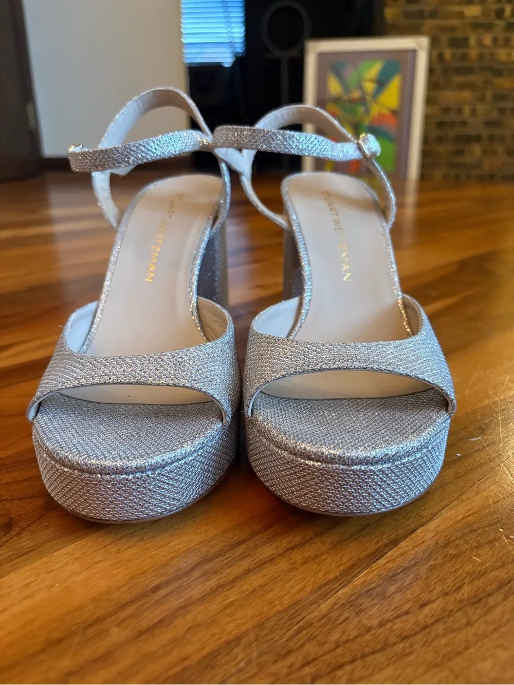 Stuart Weitzman Glittery Gold Dayna II Platform Sandals with Ankle Strap, NEW